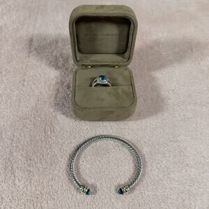 David Yurman Albion Ring Blue Topaz Diamonds Size 7 With Matching Cable Bracelet